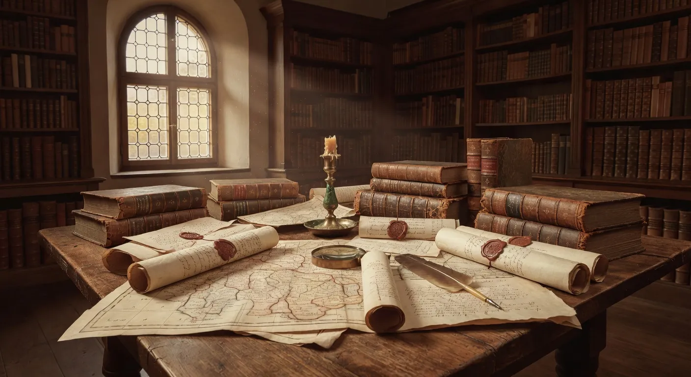 Bibliotheque historique polonaise avec parchemins anciens et cartes du XVIIIe siecle