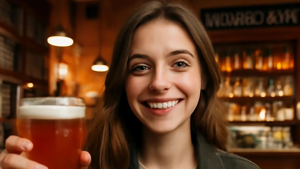 Jeune femme souriante trinquant avec une pinte de bière artisanale dans un bar chaleureux de Varsovie
