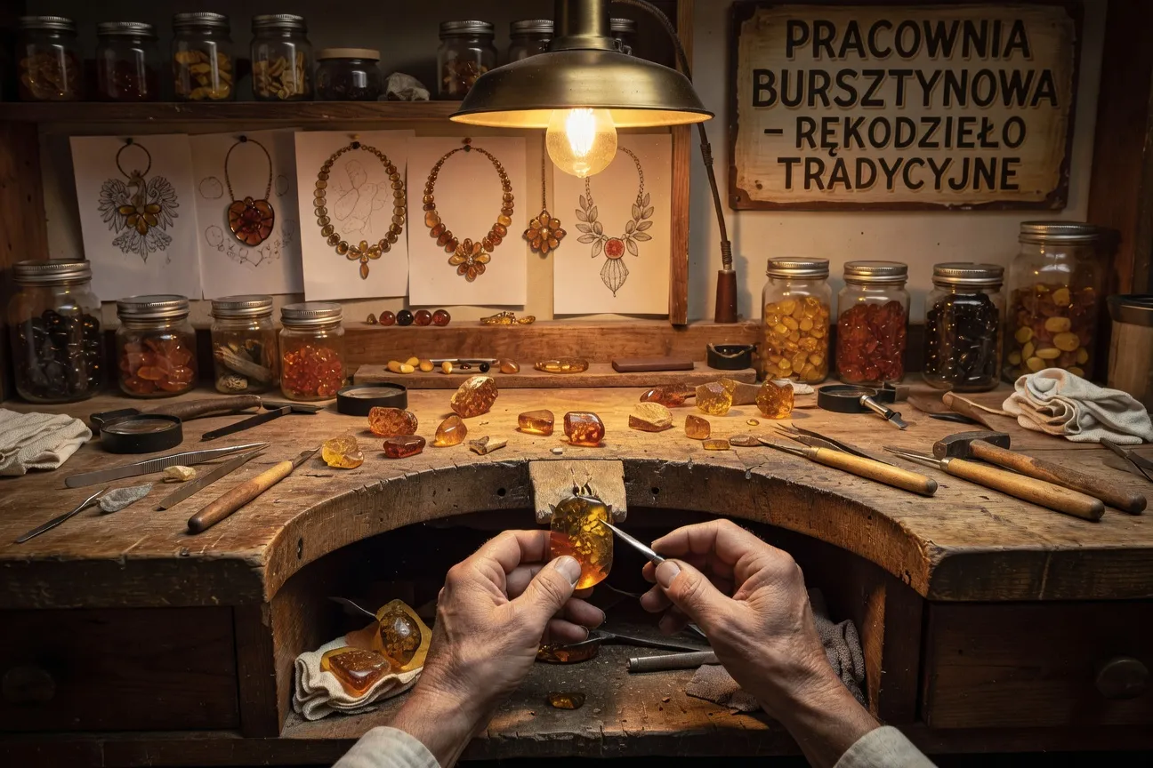 Artisan bijoutier polonais façonnant un bijou en ambre dans son atelier traditionnel