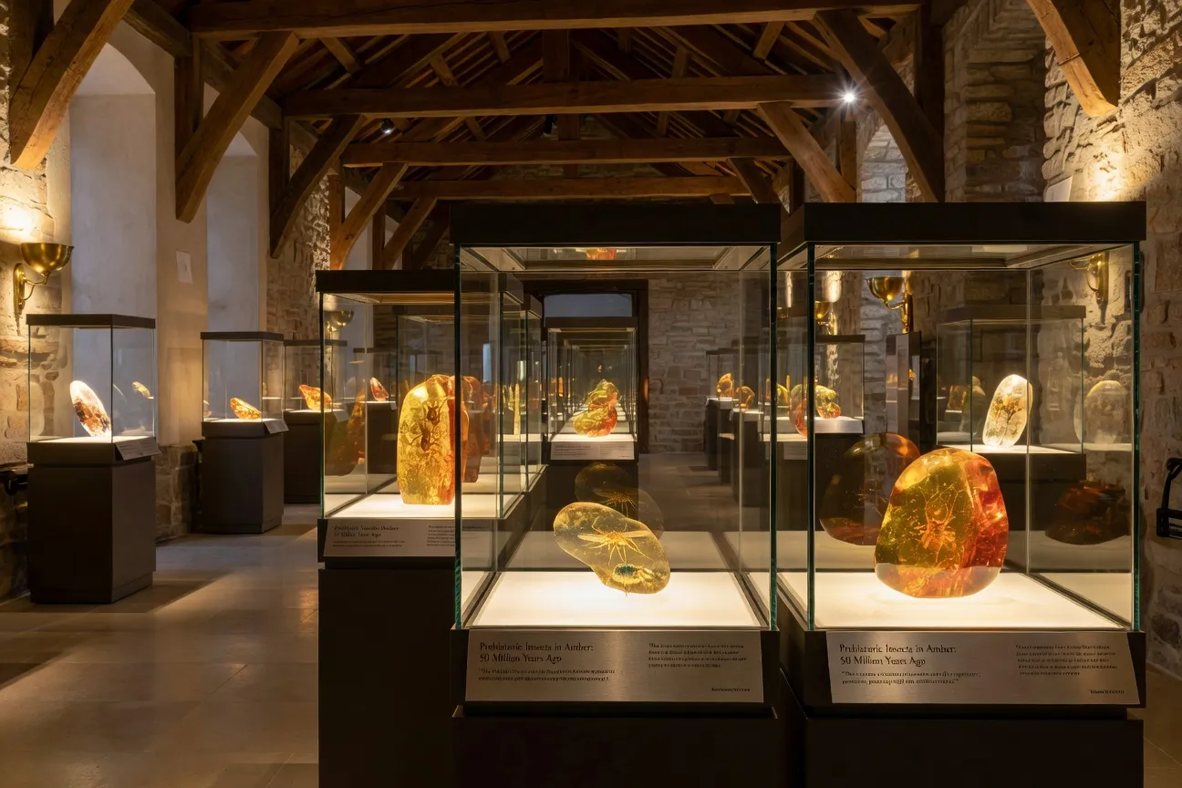 Intérieur du Musée de l'ambre de Gdańsk avec vitrines d'inclusions rares préhistoriques