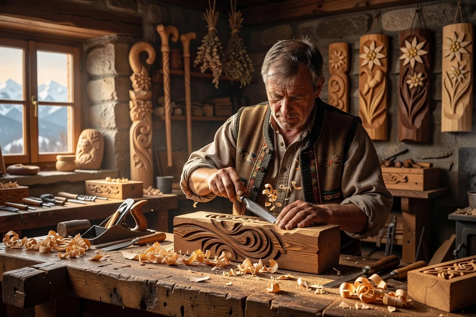 Artisan polonais sculptant le bois des Tatras dans un atelier de Zakopane