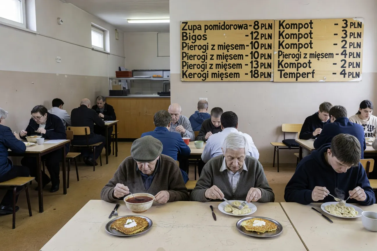 Bar mleczny (bar à lait polonais) avec plats copieux pierogi et kotlet schabowy à prix modiques, repas du midi Pologne 2026