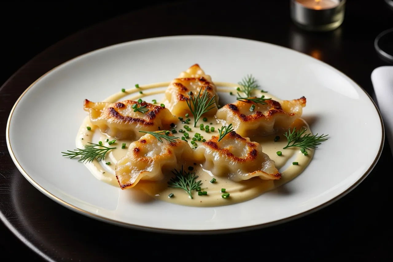 Assiette gastronomique polonaise dressée avec soin : pierogi dorés en sauce crème aux herbes fraîches