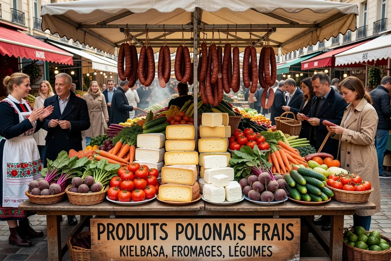 Marché de producteurs avec produits polonais frais : charcuteries kielbasa, fromages, légumes colorés