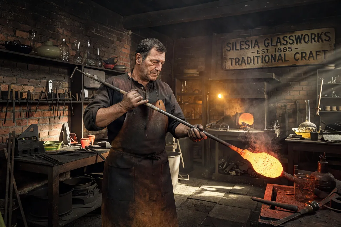 Souffleur de verre polonais au travail avec pipe et verre en fusion incandescent, atelier de cristallerie de Silésie