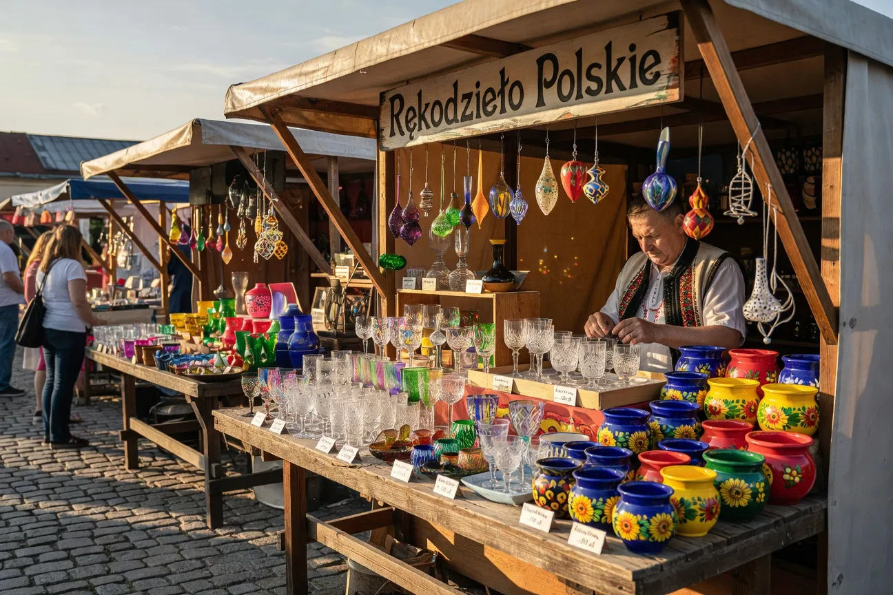 Étal de marché artisanal polonais avec cristal taillé, faïence et verrerie décorative polonaise aux couleurs variées