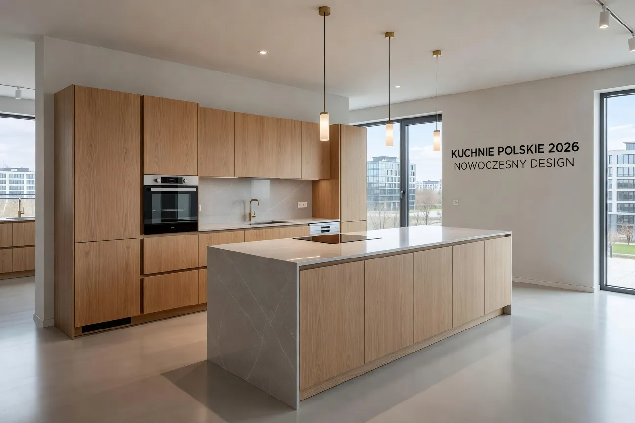 Cuisine équipée polonaise moderne en finition chêne naturel et plans de travail stratifié, showroom 2026