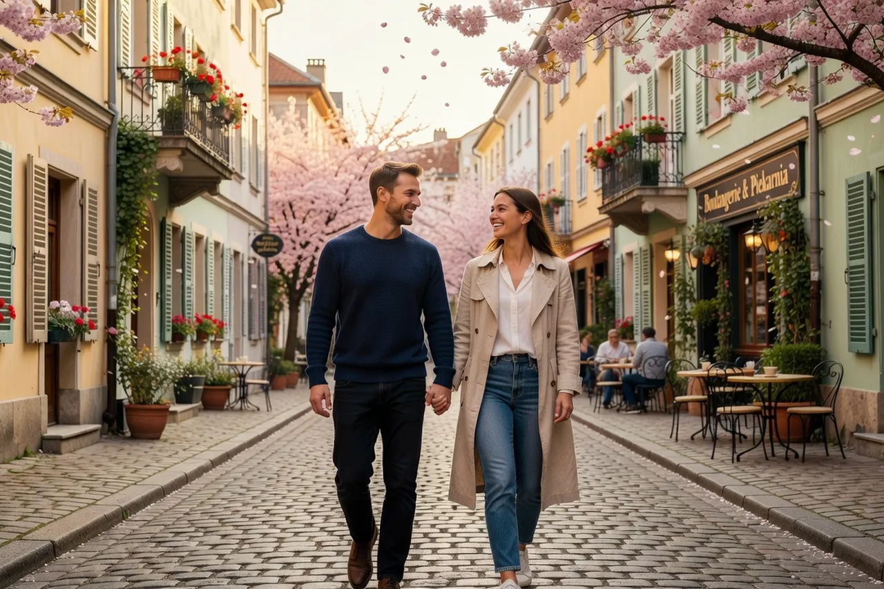 Couple franco-polonais en promenade dans une rue pavée européenne, ambiance printanière