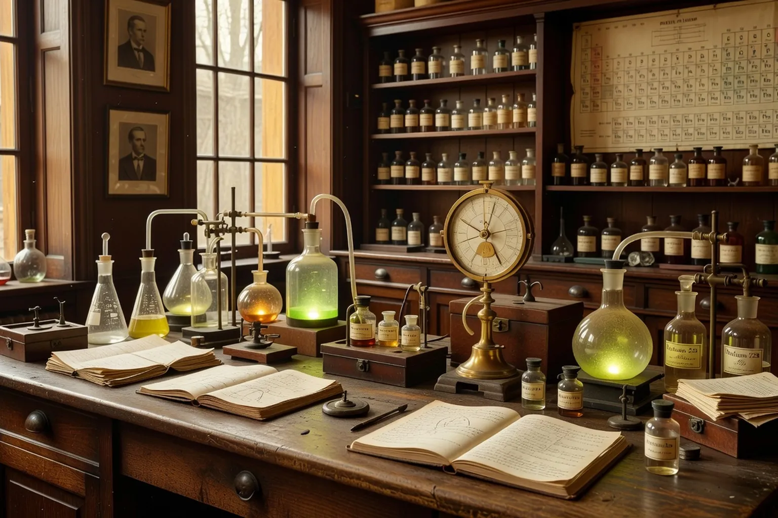 Laboratoire scientifique d'époque évoquant Marie Curie