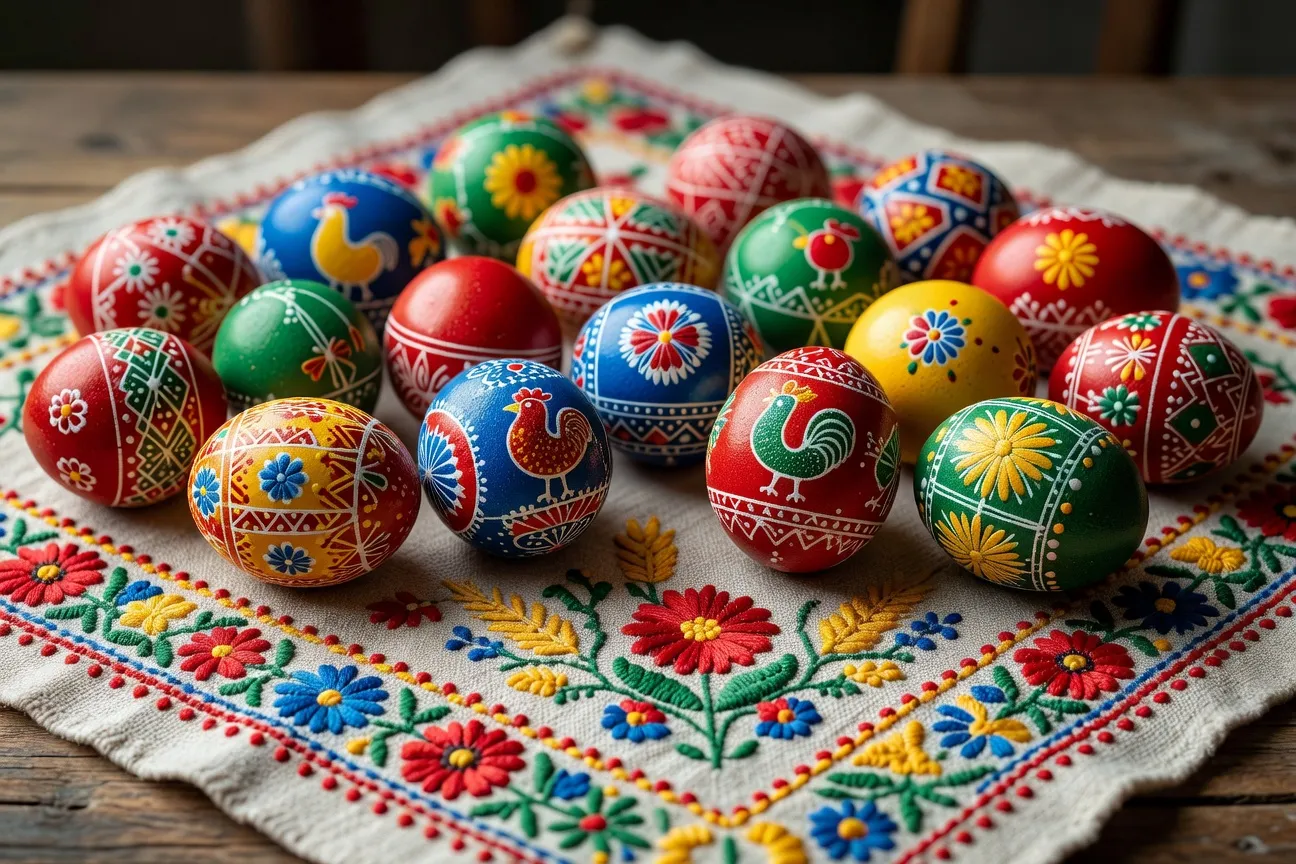Œufs de Pâques polonais (pisanki) décorés de motifs folkloriques aux couleurs vives sur tissu brodé traditionnel