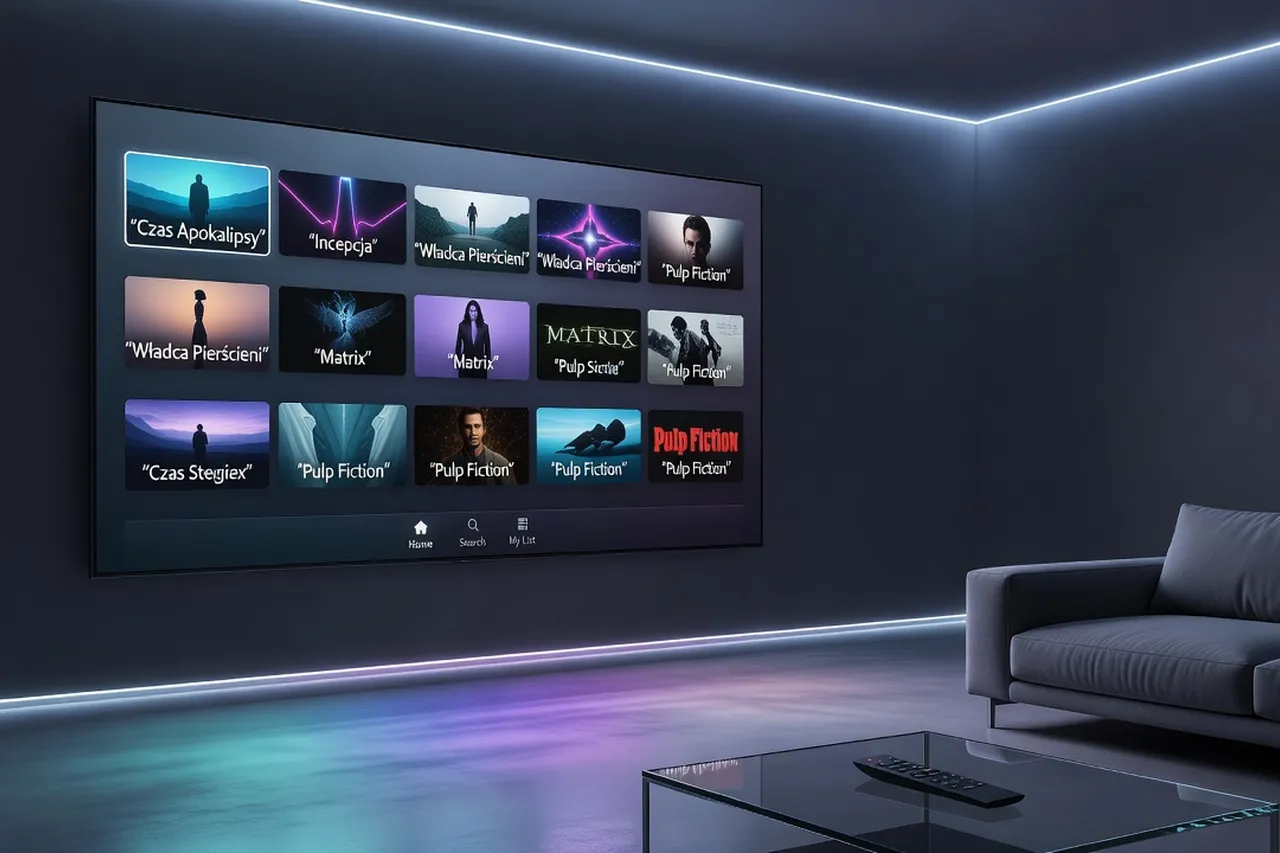 Interface de streaming fictive avec titres de films polonais affichés, mockup cinéphile moderne
