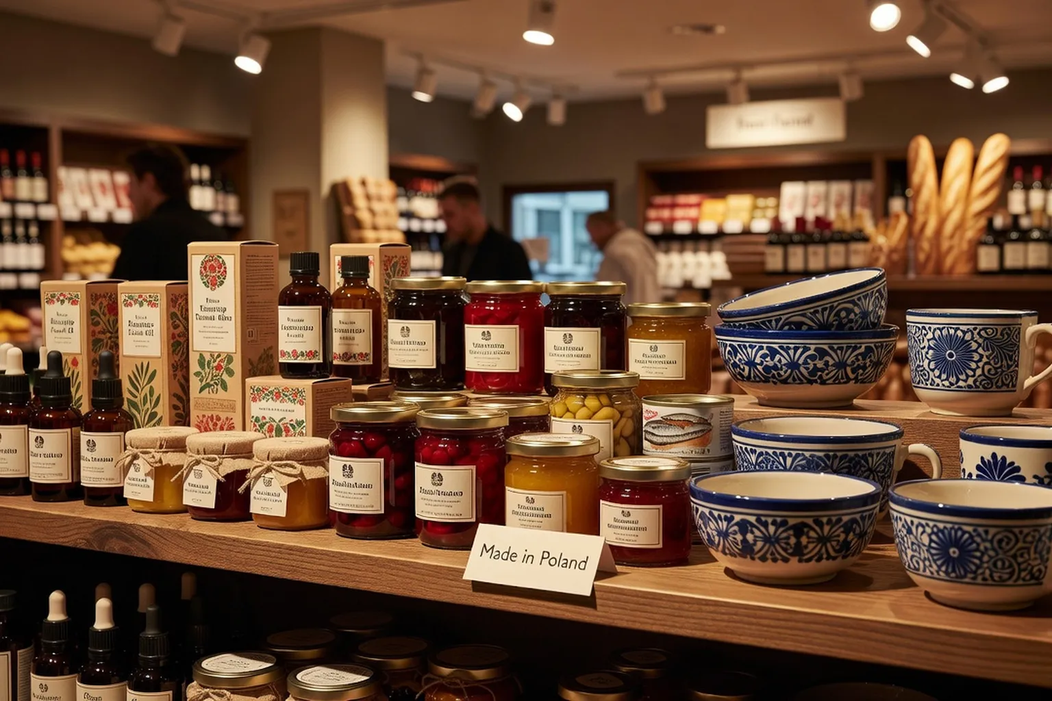 Rayon de produits polonais dans une épicerie avec étiquette Made in Poland