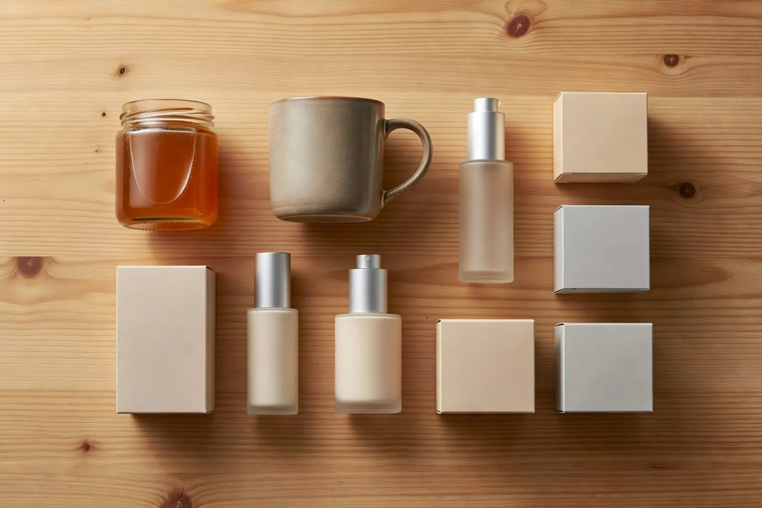 Packaging design polonais moderne : cosmétiques, miel et céramique en flat lay