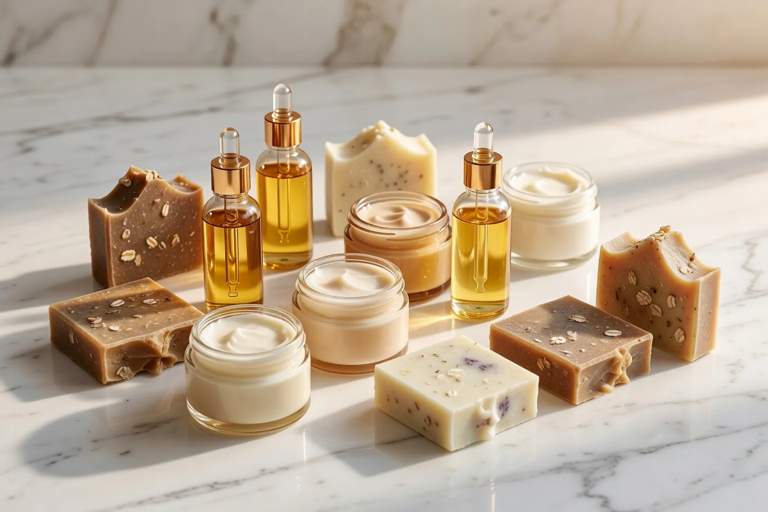 Collection de cosmétiques polonais naturels : crèmes, sérums et savons sur marbre