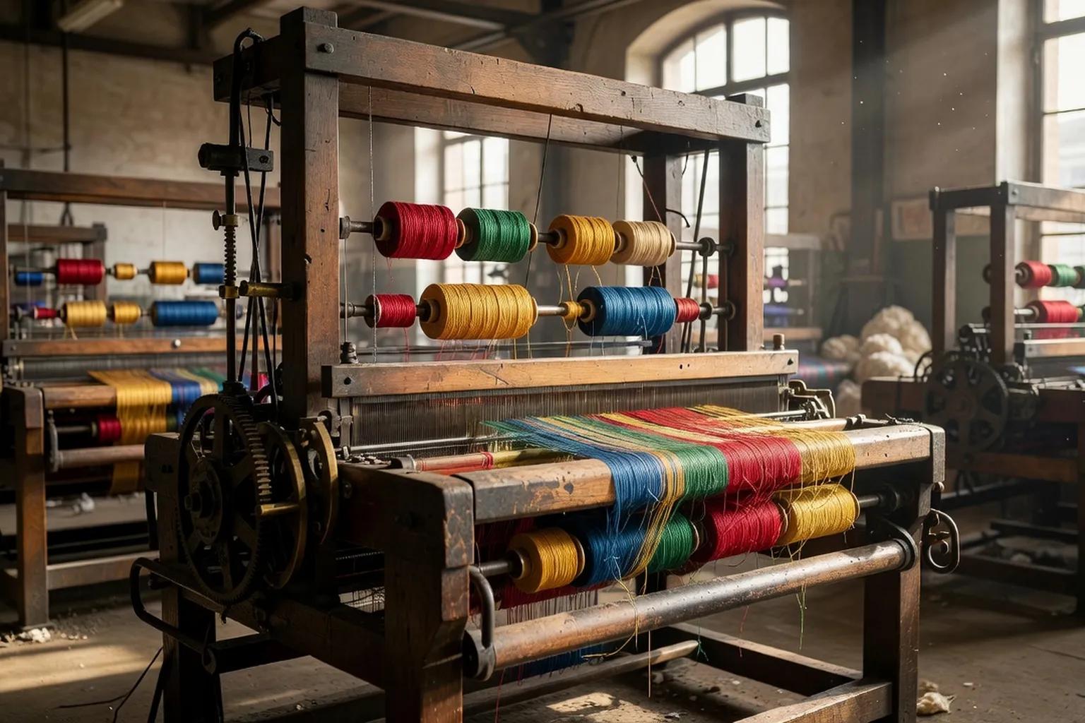 Tissu polonais de Łódź : métier à tisser ancien et fils colorés