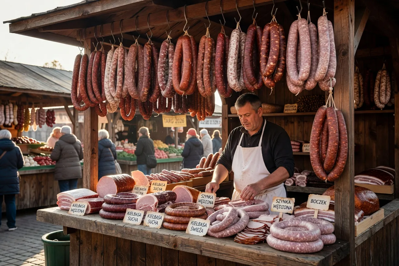 Étal de boucherie polonaise traditionnelle avec kielbasa diverses variétés suspendues, marché local 2026