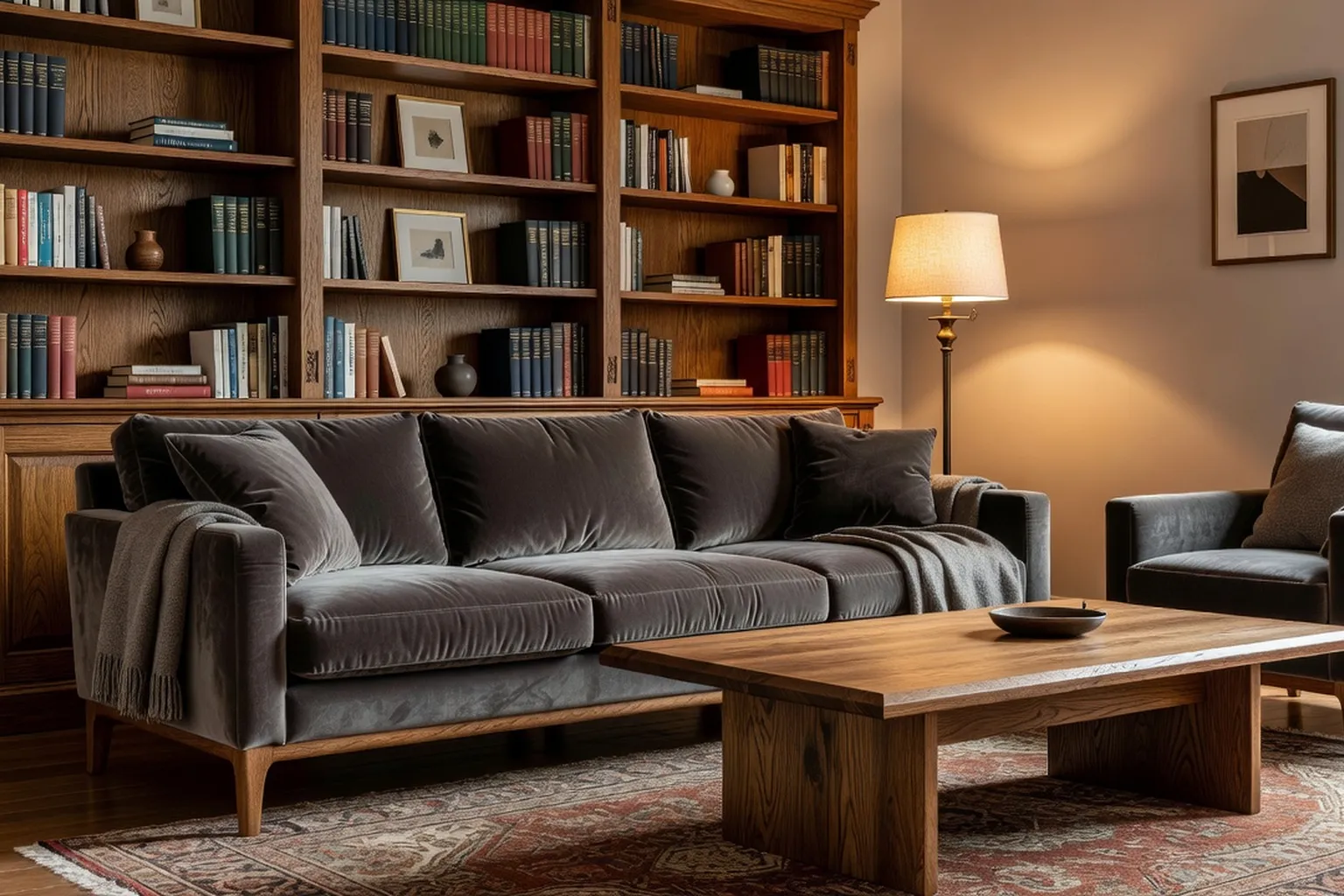 Salon aménagé avec mobilier polonais en chêne : canapé, table basse et bibliothèque