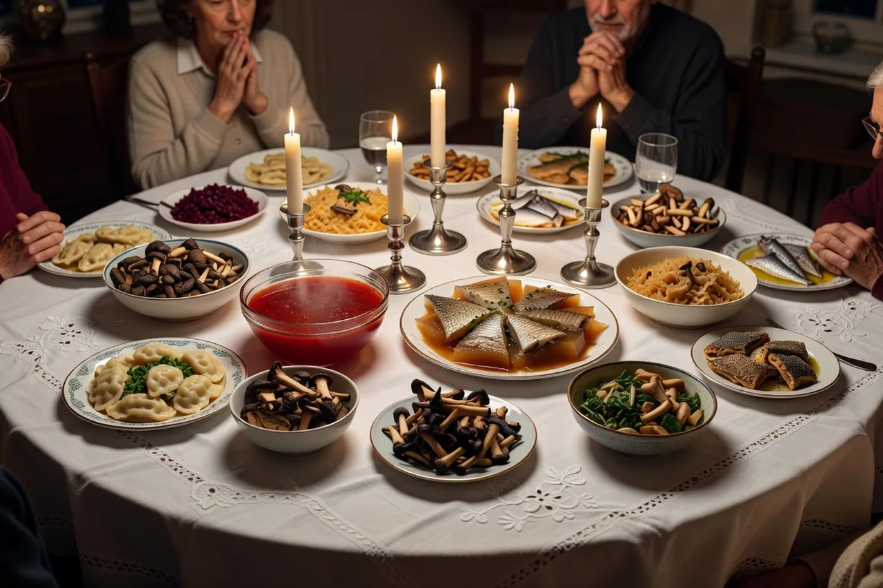 Table de Wigilia polonaise avec 12 plats traditionnels, nappe blanche et bougies