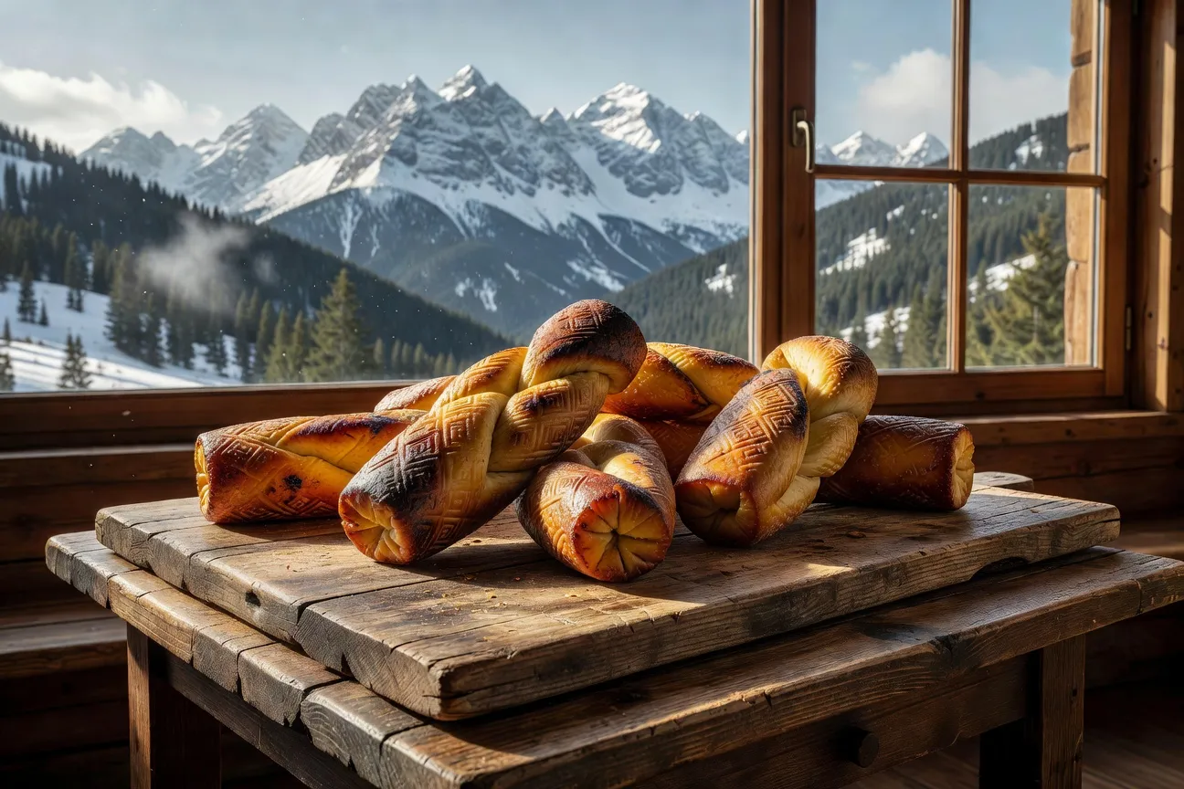 Oscypek fromage fumé des Tatras polonais sur fond de montagne enneigée, fromage tressé traditionnel 2026