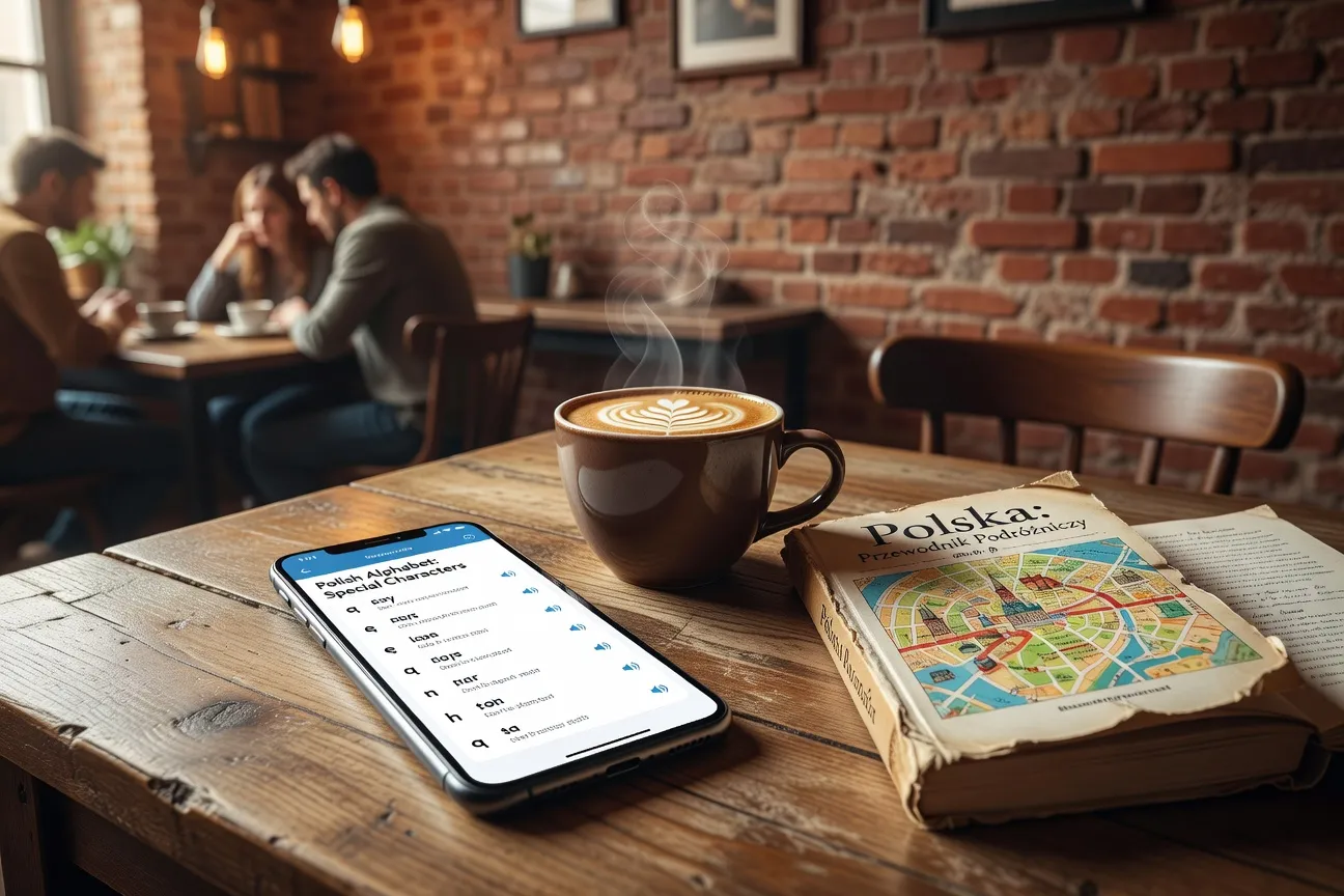 Smartphone affichant une application d'apprentissage du polonais sur table de café, guide de voyage polonais visible