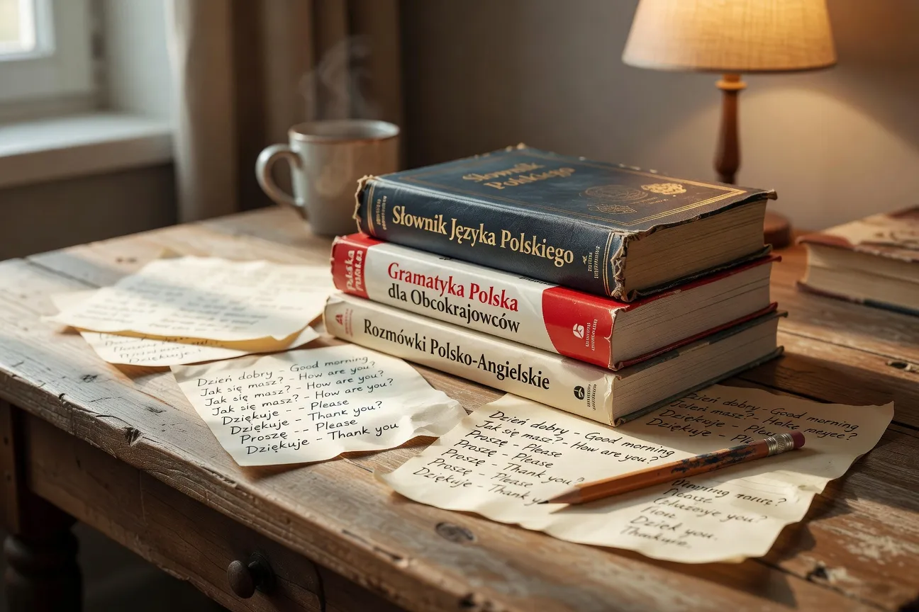 Livres et méthodes d'apprentissage du polonais empilés sur un bureau d'étudiant avec cahier manuscrit