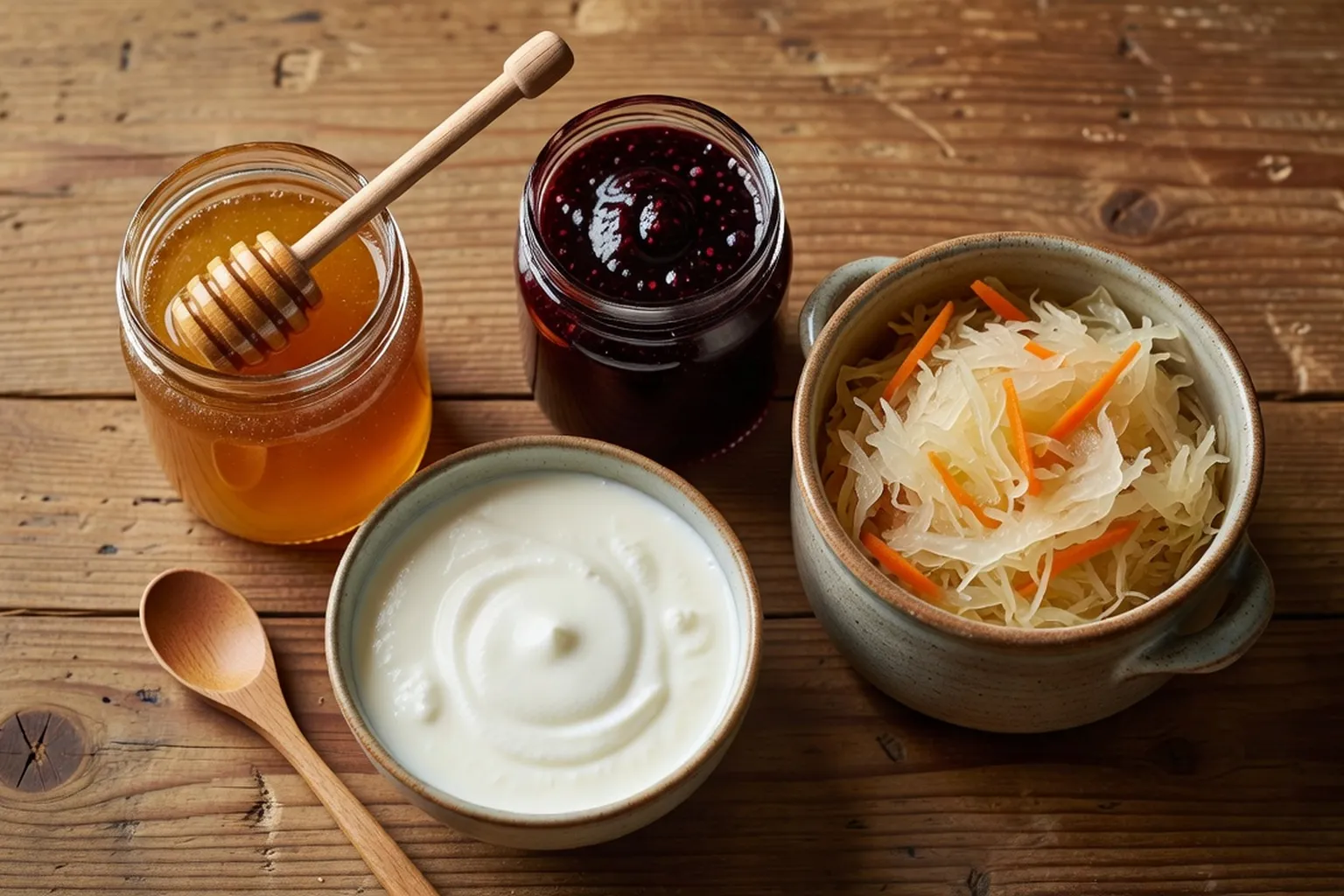 Flat lay de produits bio polonais : miel, confiture de myrtilles, kéfir et choucroute