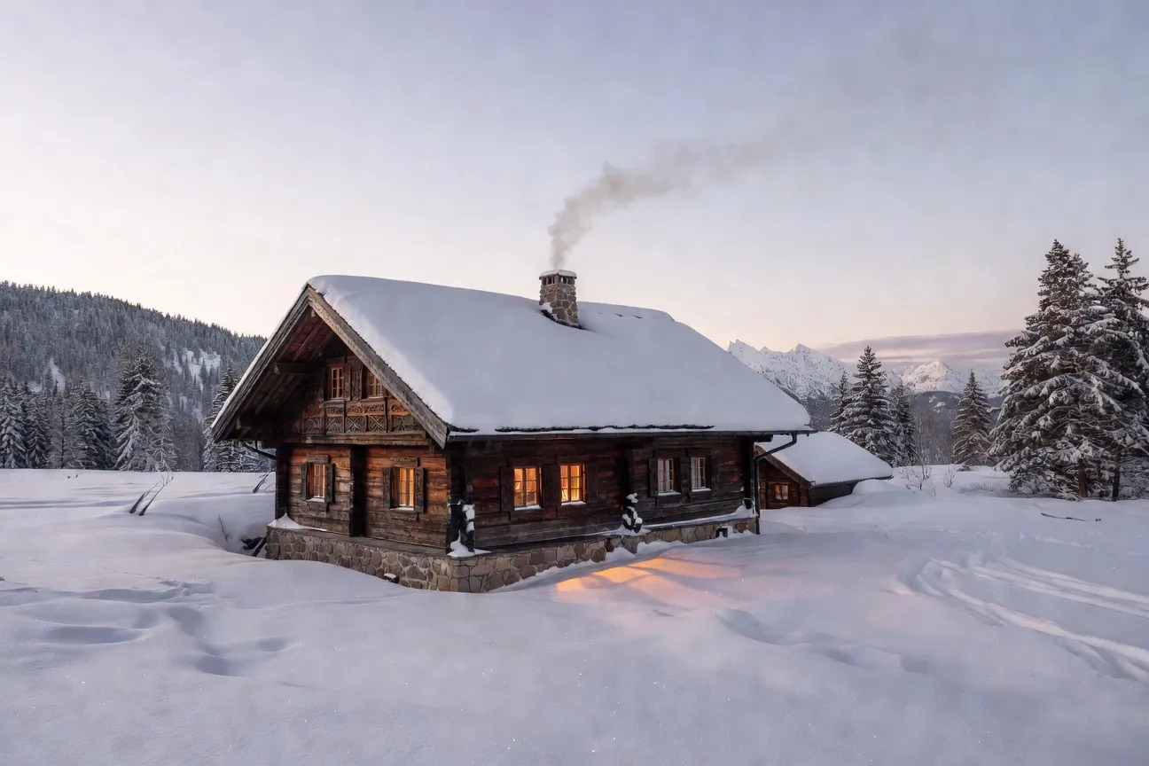 Chalet traditionnel de montagne style Zakopane en hiver avec neige profonde et lumière dorée
