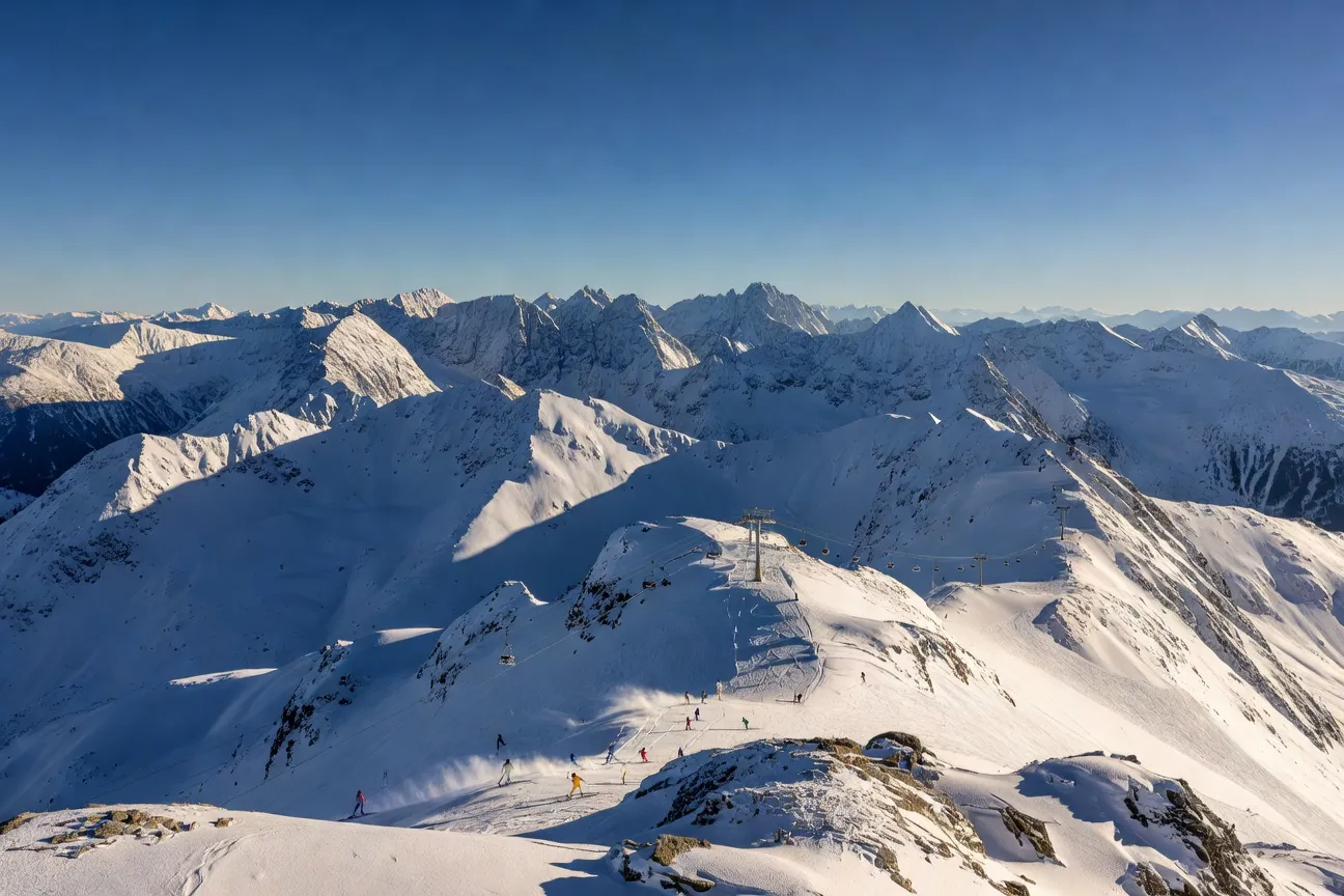 Vue depuis Kasprowy Wierch, panorama spectaculaire des Tatras avec télécabine et pistes enneigées