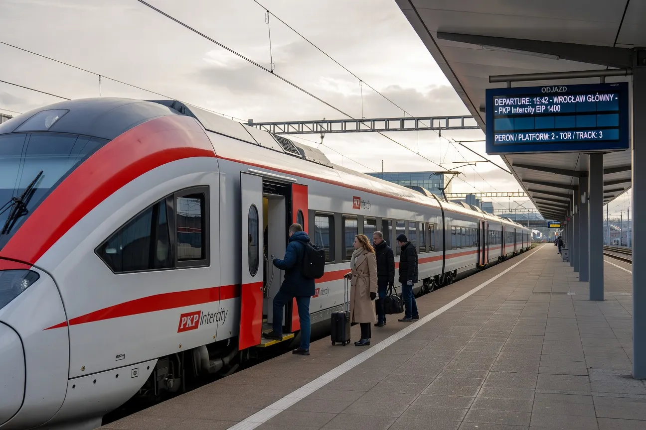 Train PKP Intercity Pendolino en gare de Varsovie Centrale, hall voyageurs moderne avec passagers 2026