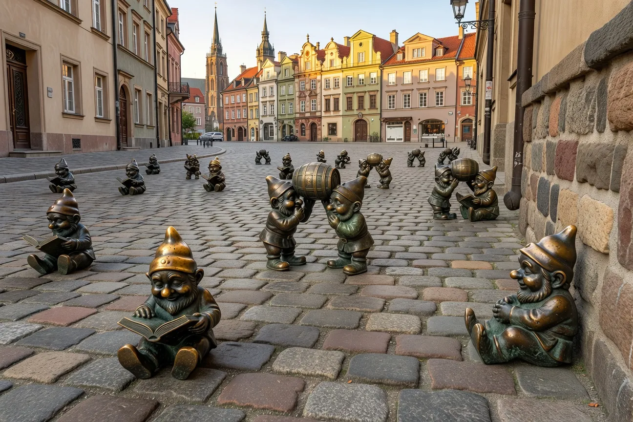 Les petits nains de bronze de Wrocław sur les pavés de la vieille ville, personnages malicieux 2026