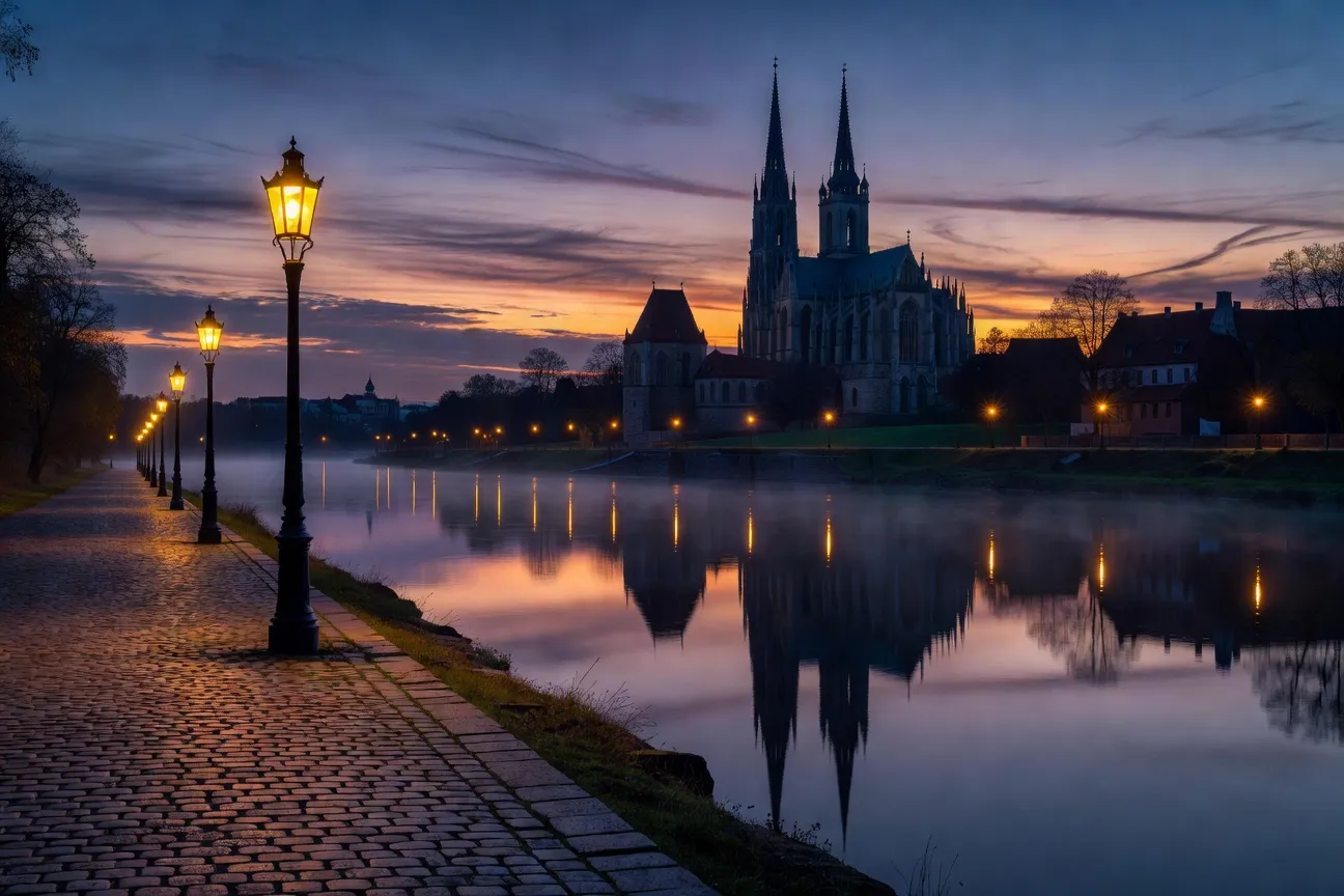 L'île d'Ostrow Tumski à Wrocław avec lampadaires au gaz allumés au crépuscule et cathédrale gothique