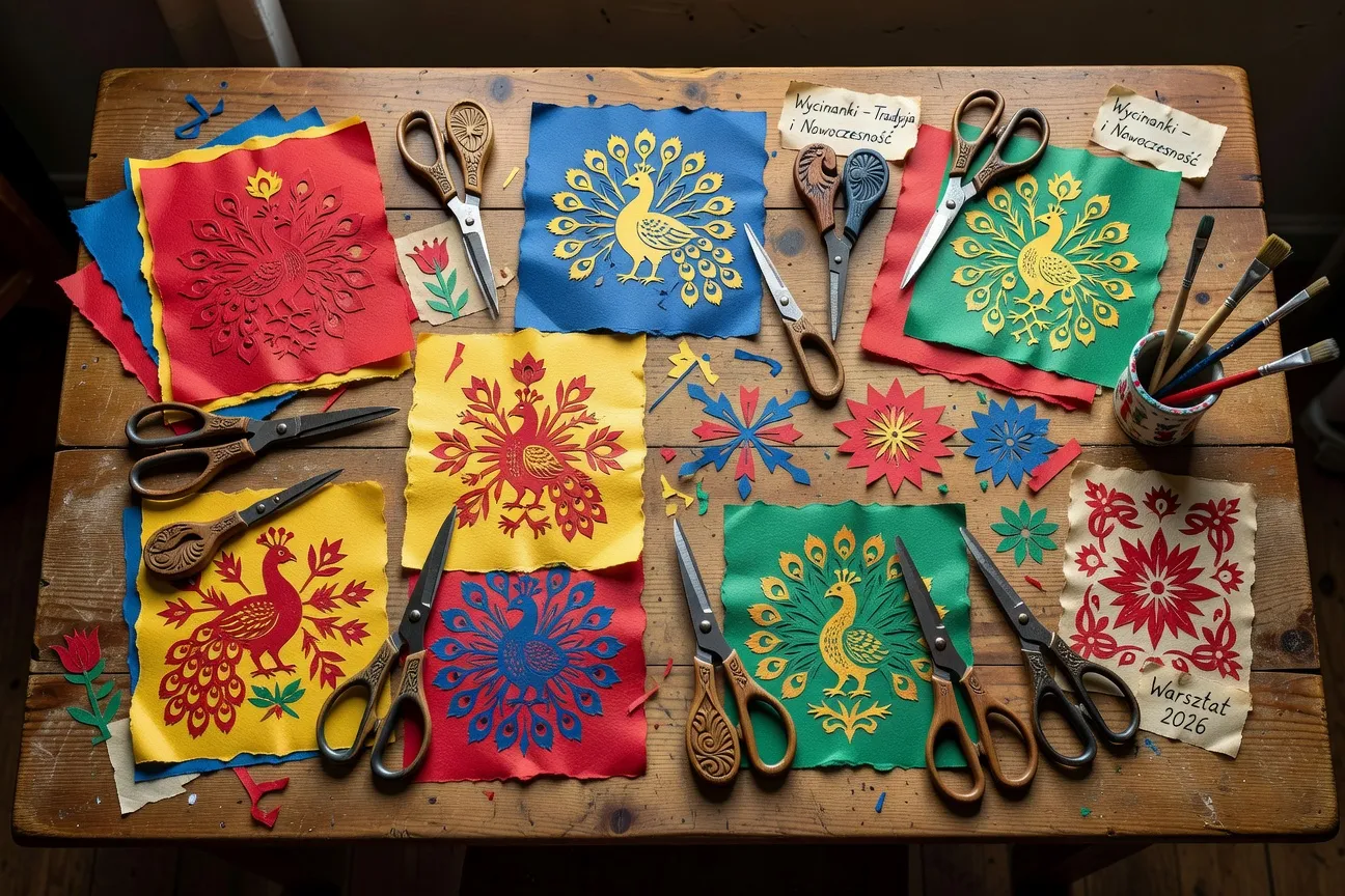 Atelier de wycinanki avec feuilles de papier coloré, ciseaux fins et créations en cours sur table en bois 2026