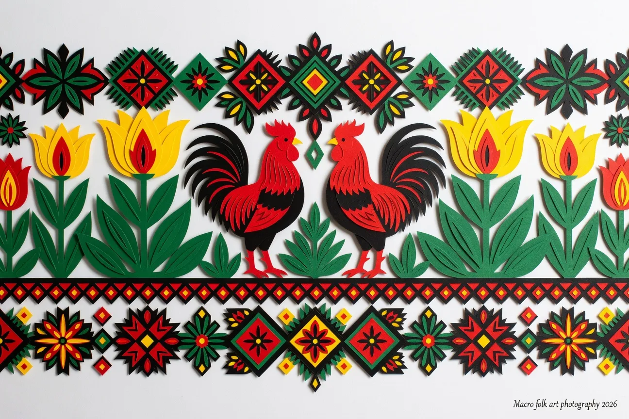 Wycinanki Łowicka multicolore avec motifs de coqs et fleurs sur fond noir, art populaire polonais Łowicz 2026