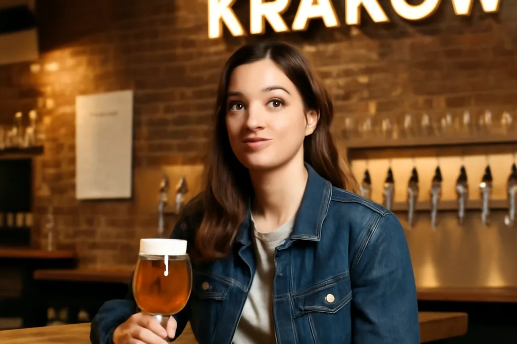Jeune femme dégustant une bière artisanale polonaise au comptoir d'un taproom moderne à Cracovie