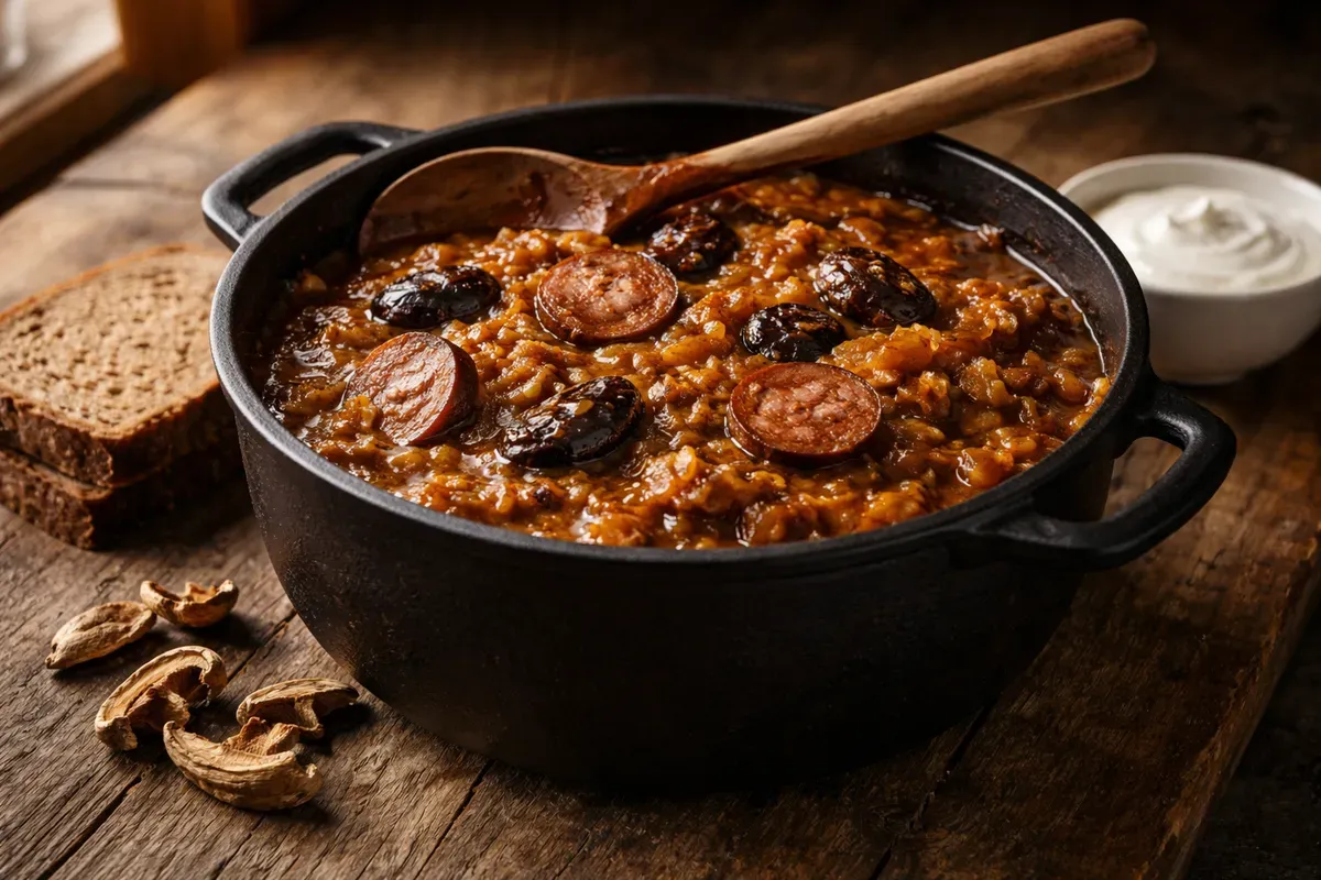 Nature morte d'une cocotte en fonte de bigos sombre et brillant, avec rondelles de saucisse fumée, chou et pruneaux, posée sur une table en bois