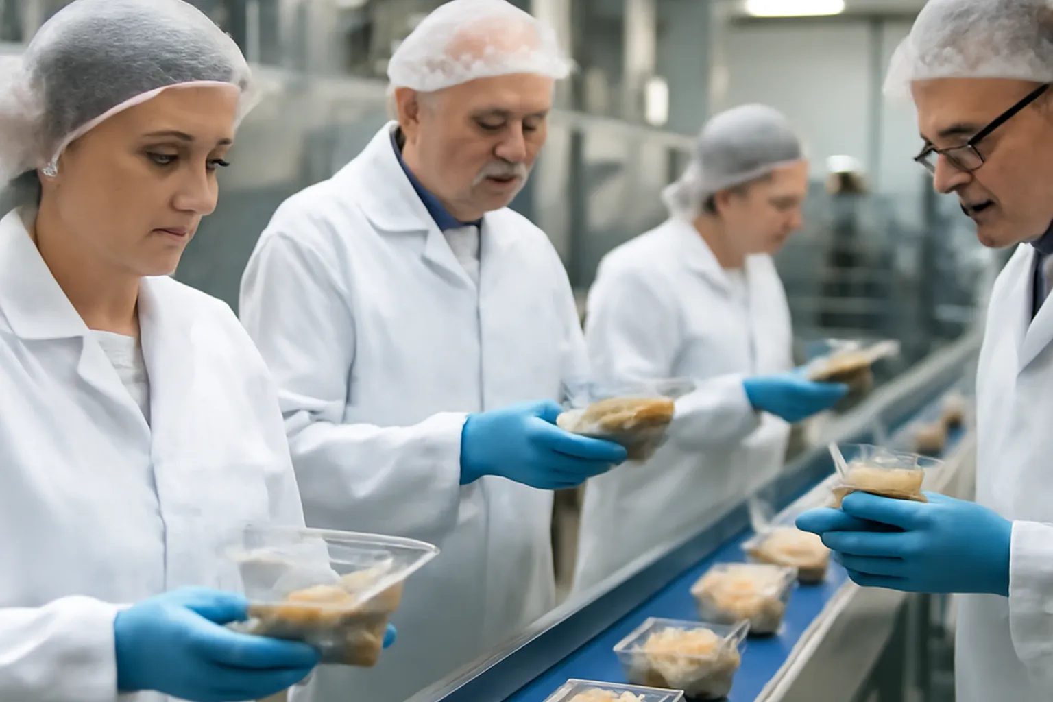 Ligne de conditionnement dans une usine agroalimentaire polonaise, employés en tenue d'hygiène contrôlant la production