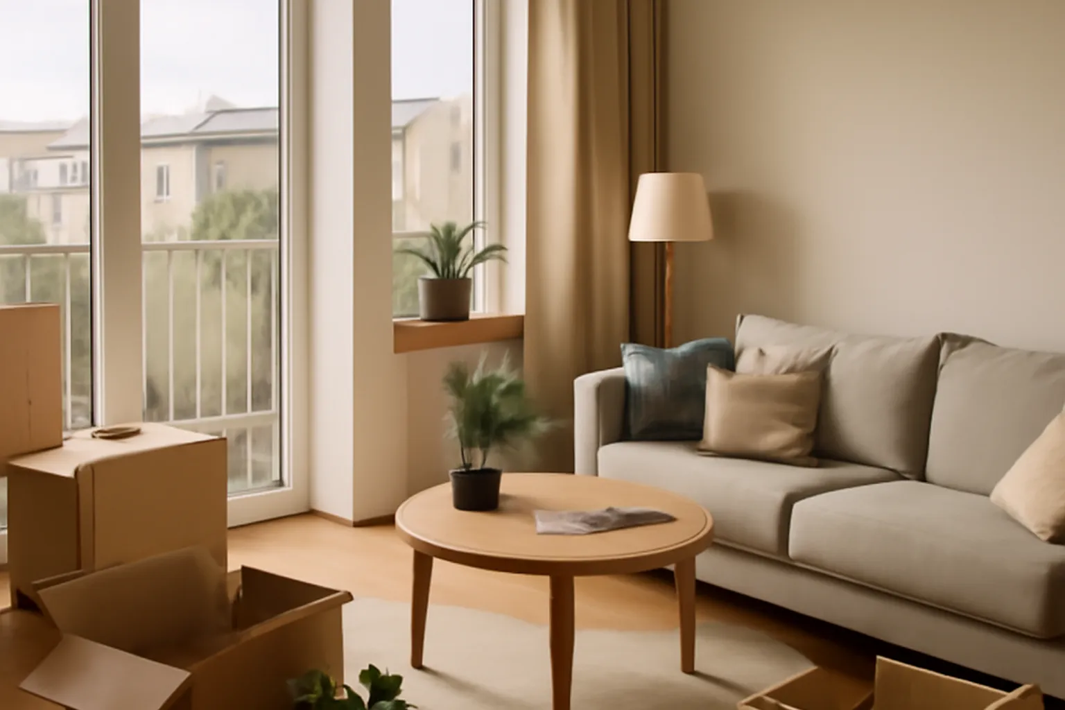 Salon lumineux d'un appartement polonais fraîchement emménagé, cartons de déménagement encore ouverts