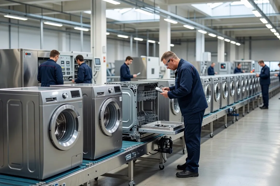 Ligne de production de lave-linge et lave-vaisselle dans une usine d'électroménager en Pologne, avec technicien au contrôle qualité