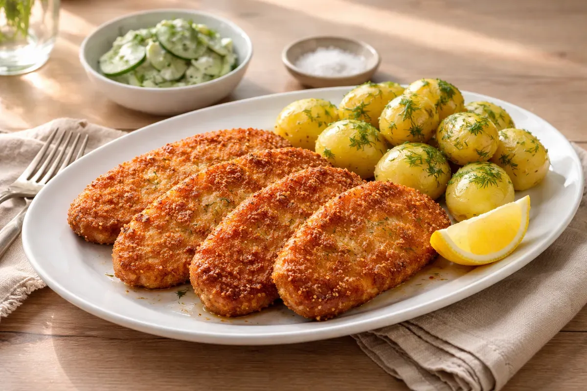 Quatre escalopes de porc panées dorées sur une assiette ovale blanche, avec des quartiers de citron