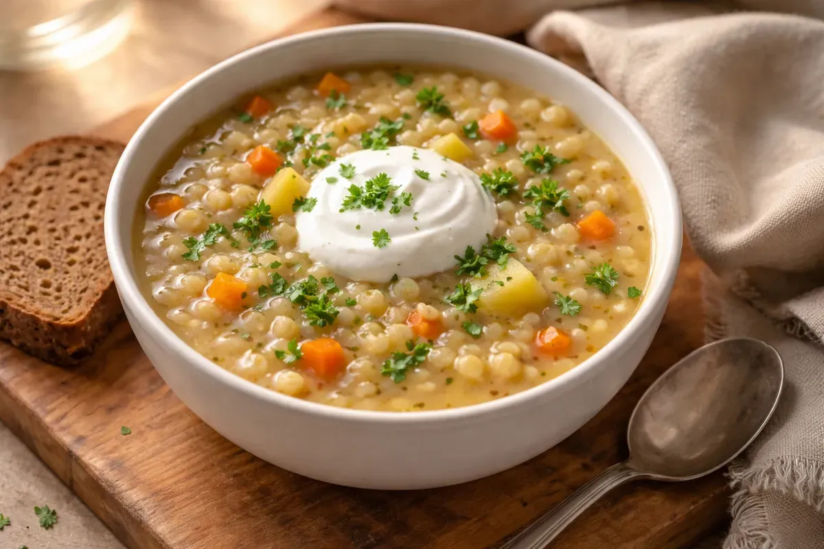 Bol de krupnik en céramique blanche, soupe d'orge perlé aux dés de carotte et persil frais, posé sur une planche en bois