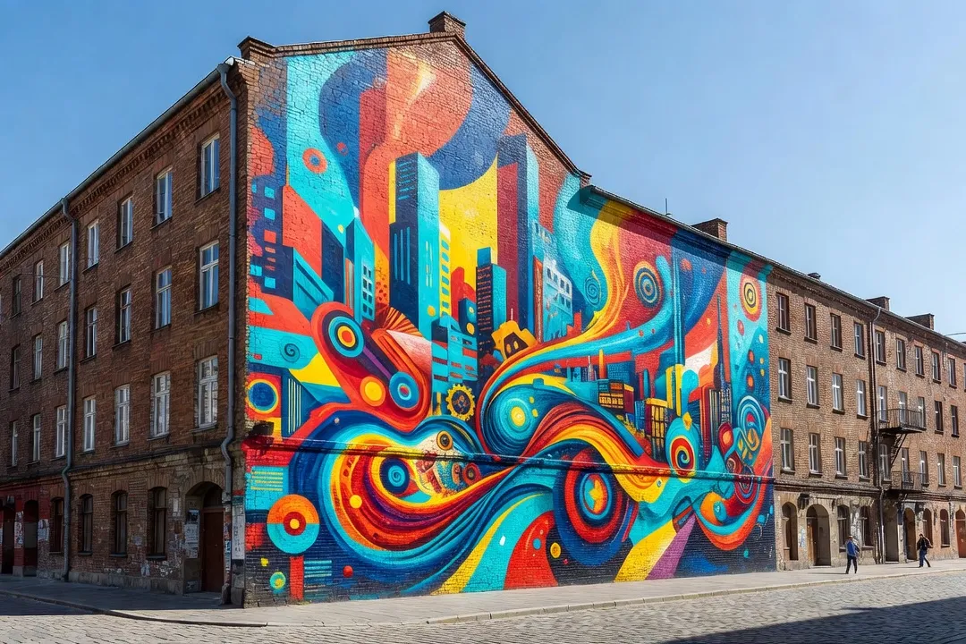 Grande fresque murale colorée peinte sur le pignon d'un immeuble en brique dans le centre historique de Łódź