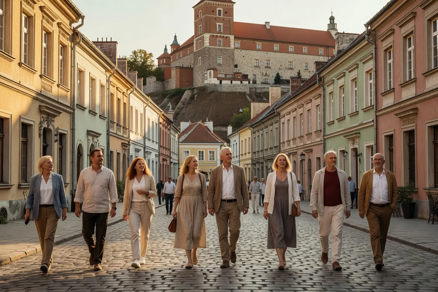 Touristes marchant dans une rue pavée de la vieille ville de Lublin, maisonnettes colorées et château royal en arrière-plan à la lumière dorée