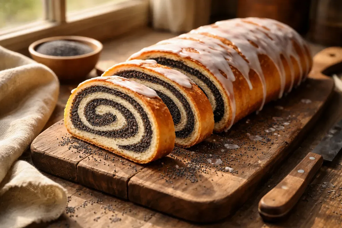 Nature morte d'un makowiec glacé coupé en tranches épaisses, avec sa spirale sombre de pavot, sur une planche en bois