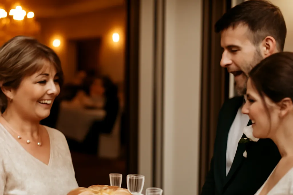 Accueil traditionnel des mariés avec le pain, le sel et la vodka lors d'une réception de mariage polonais