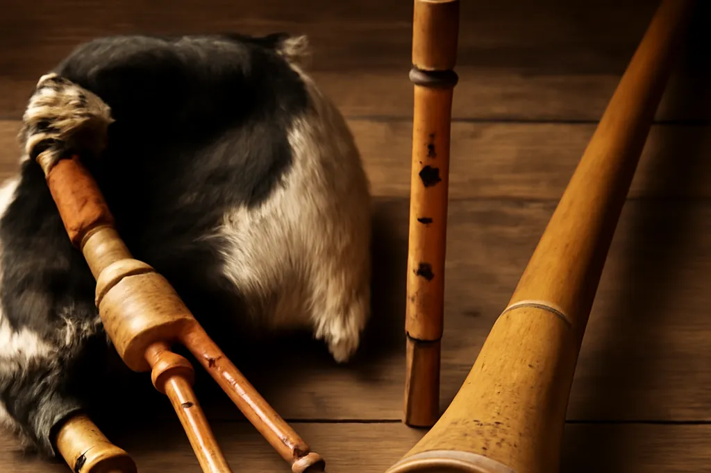 Instruments traditionnels polonais du Podhale : cornemuse koza, fujara et trombita en bois posés sur une table