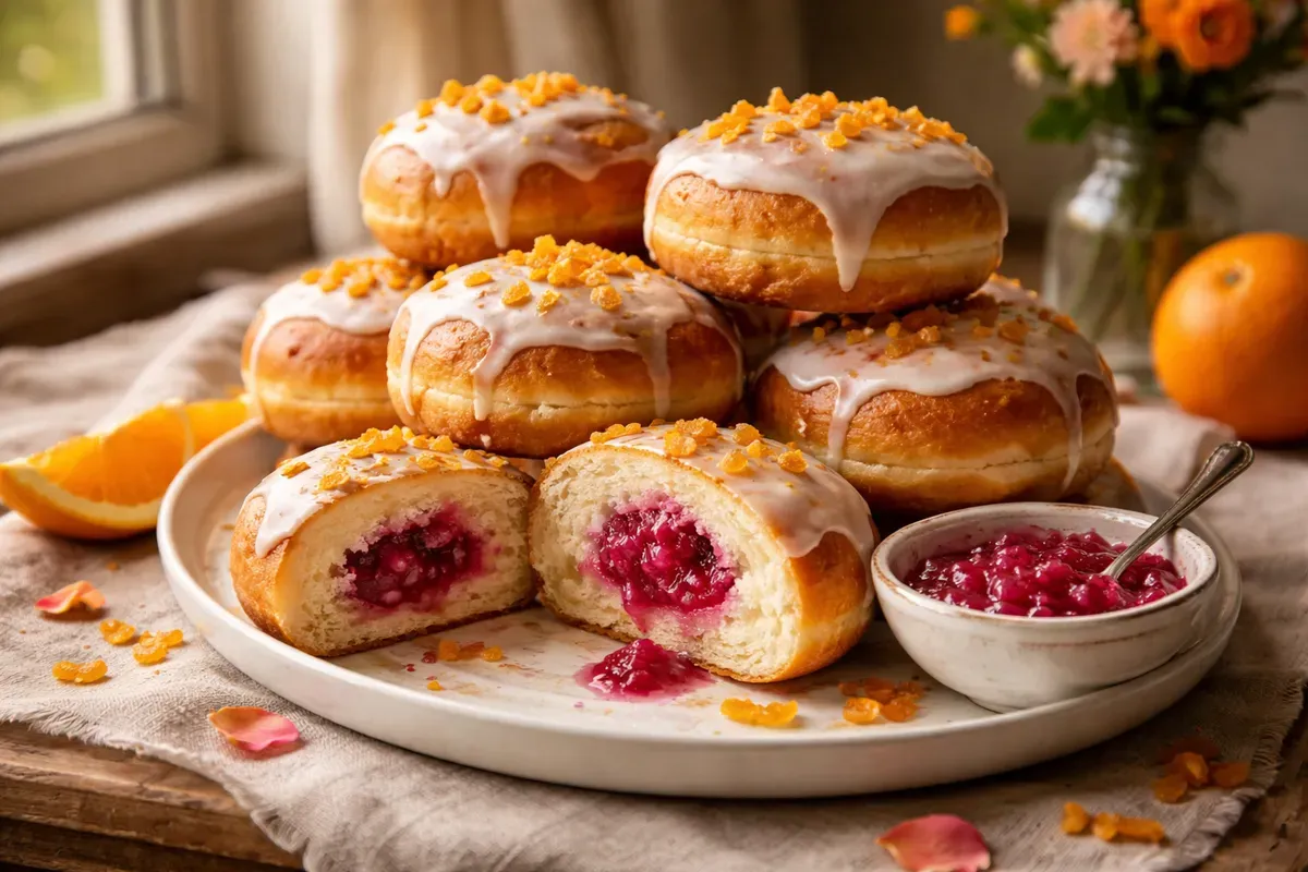 Nature morte de pączki dorés glacés empilés sur un plat en céramique blanche, l'un d'eux coupé en deux laissant voir la confiture rose