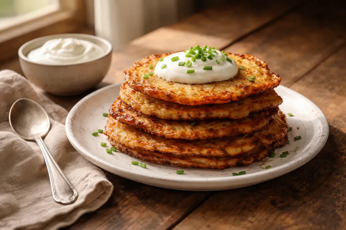 Pile de galettes de pommes de terre dorées sur une assiette en faïence blanche, avec crème aigre et ciboulette