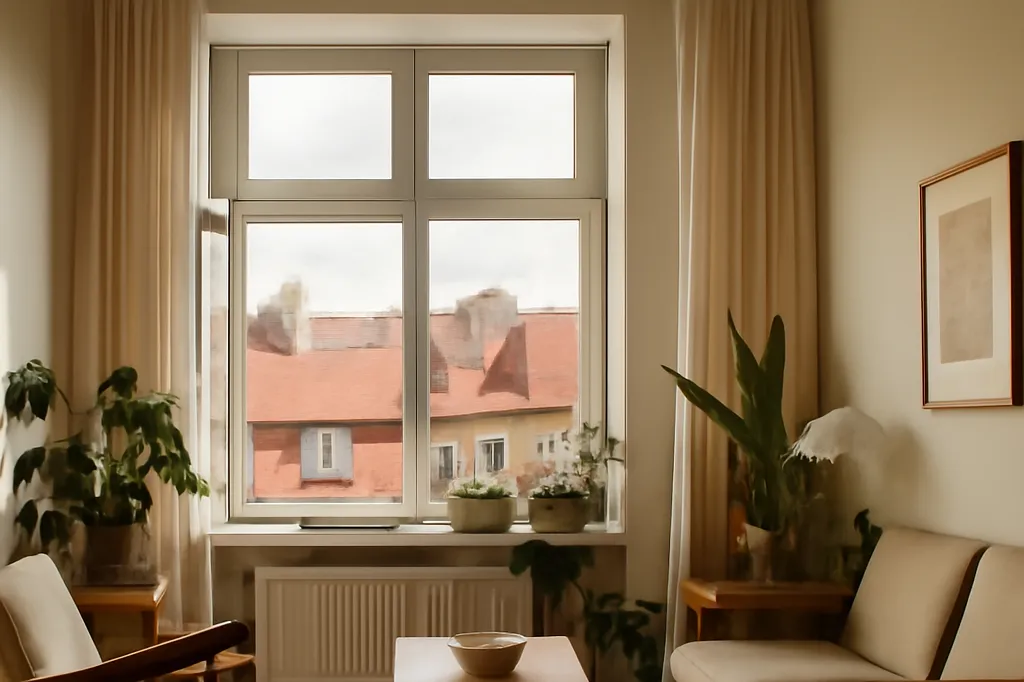 Intérieur clair d'un appartement rénové en Pologne, fenêtre donnant sur des toits de tuiles rouges