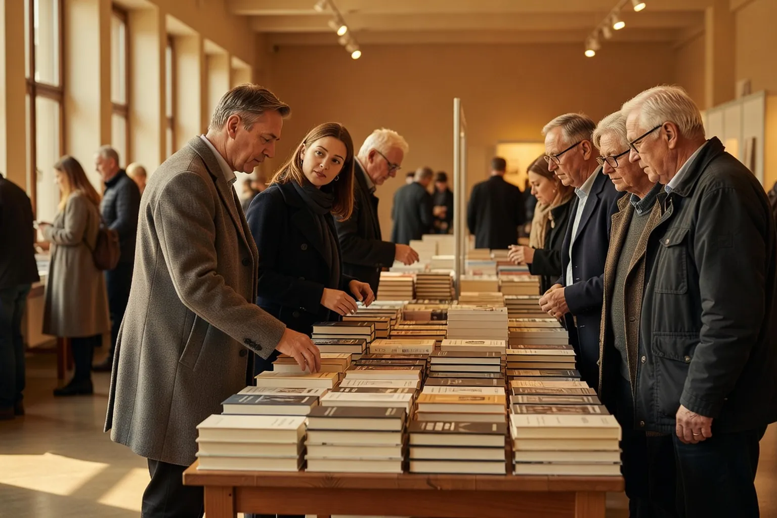 Visiteurs feuilletant des piles de livres à couvertures neutres sur un stand d'un salon du livre à Varsovie, éclairage doux d'intérieur