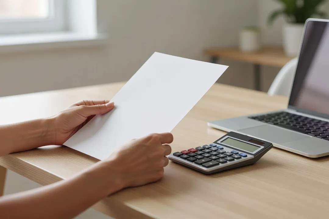 Mains tenant un devis vierge à côté d'une calculatrice et d'un ordinateur portable sur un bureau clair